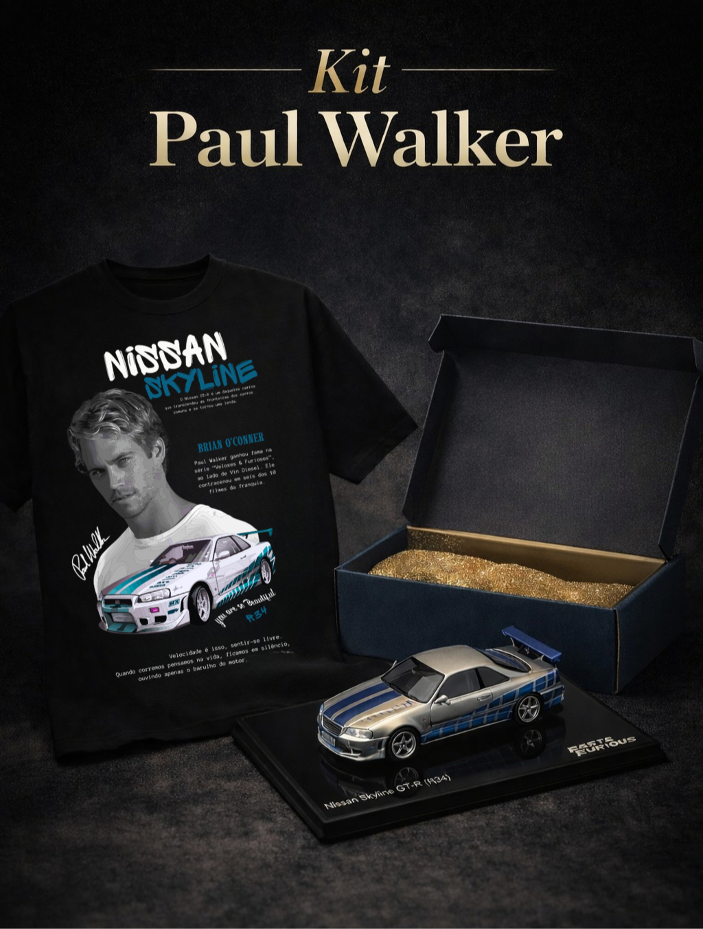 Kit Brian O’ Conner  — Camiseta + Miniatura Skyline + 5 Fotos Colecionáveis