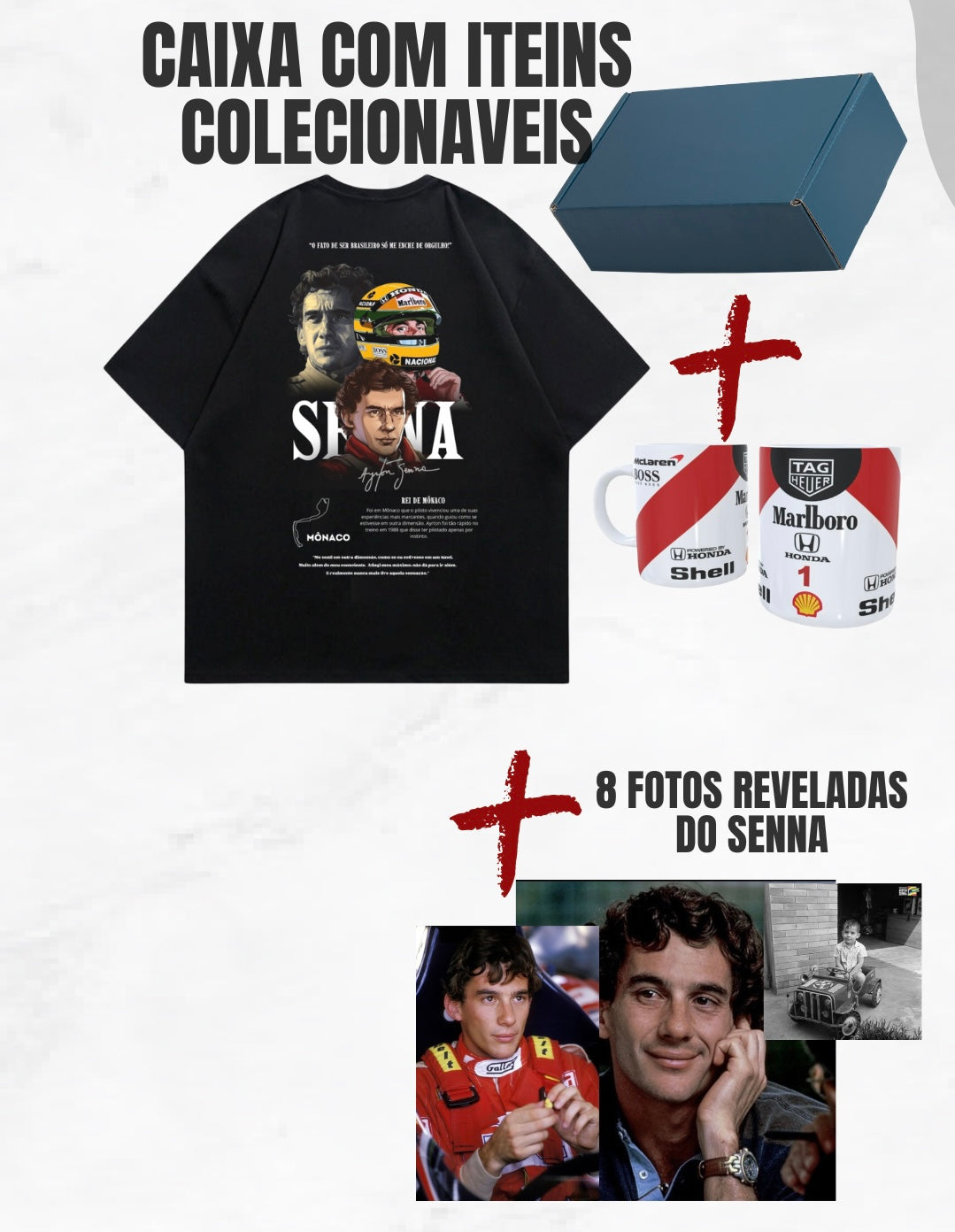 CAMISETA SENNA EM MÔNACO + itens colecionáveis